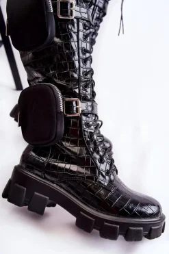 Boto Kozaki Płaskie|Kozaki Przed Kolano*Ocieplane Kozaki Z Torebkami I Zwierzęcym Wzorem Czarne Military