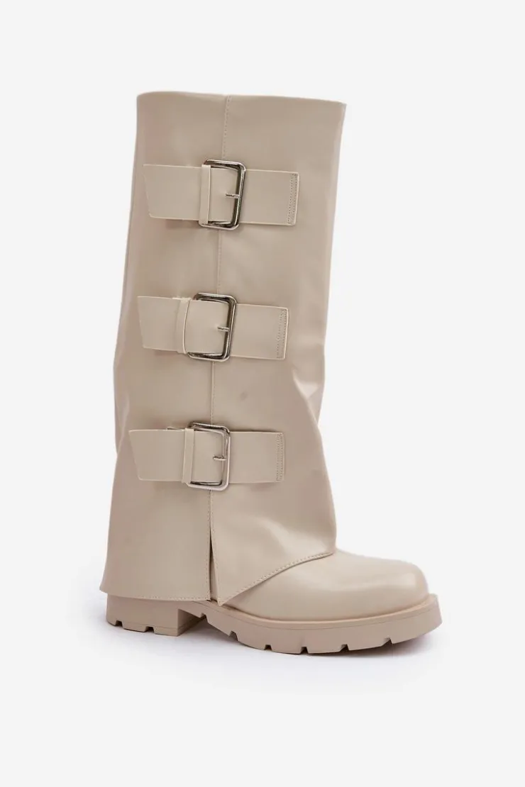 Damskie Boto Ocieplane Kozaki Z Wywiniętą Cholewką I Klamrami Jasnobeżowe Cialetta