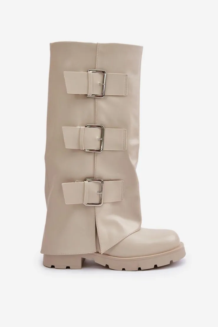 Damskie Boto Ocieplane Kozaki Z Wywiniętą Cholewką I Klamrami Jasnobeżowe Cialetta