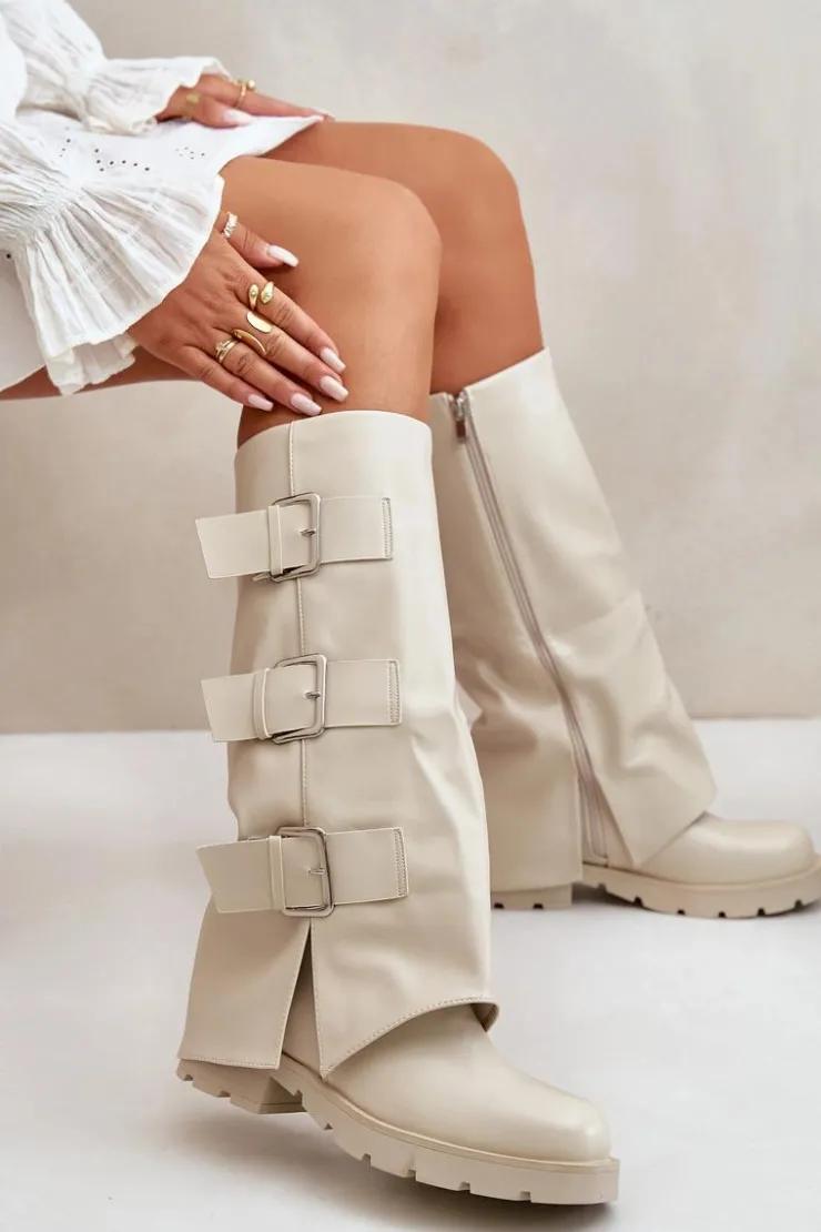 Damskie Boto Ocieplane Kozaki Z Wywiniętą Cholewką I Klamrami Jasnobeżowe Cialetta