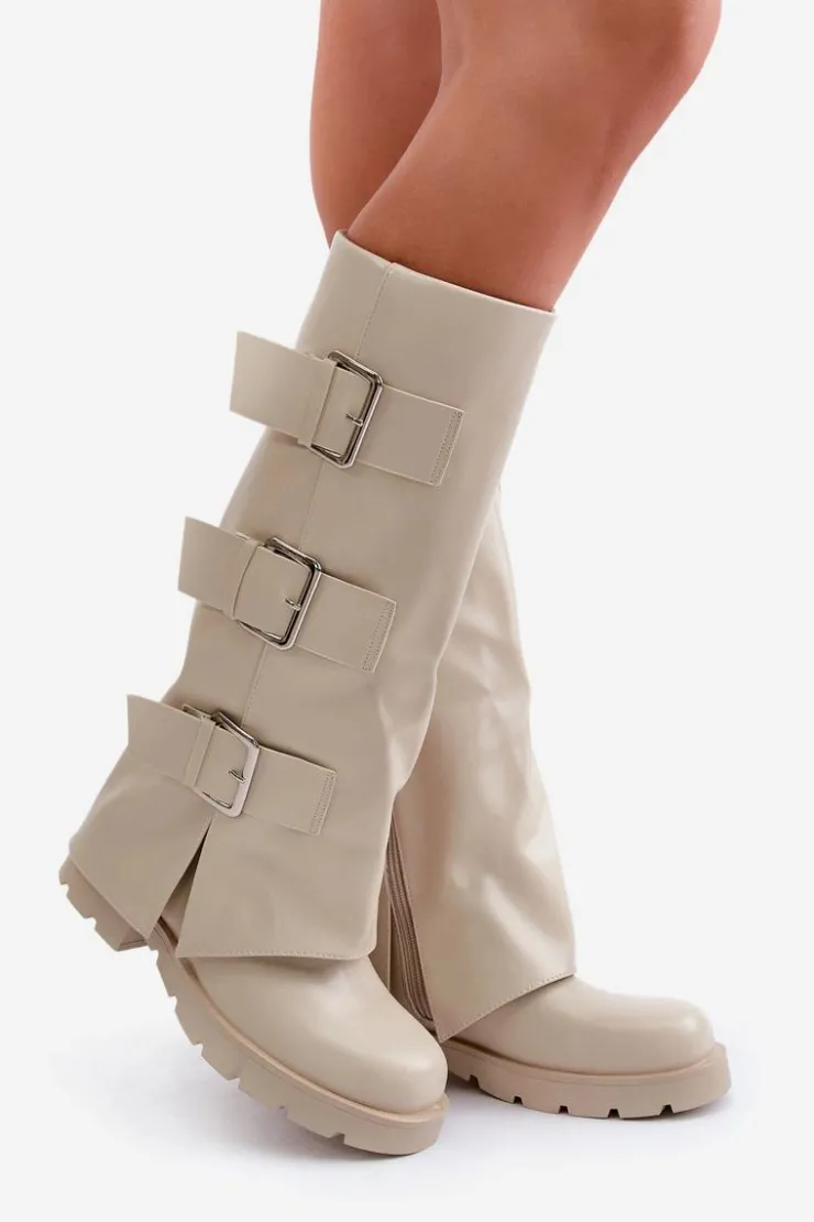 Damskie Boto Ocieplane Kozaki Z Wywiniętą Cholewką I Klamrami Jasnobeżowe Cialetta