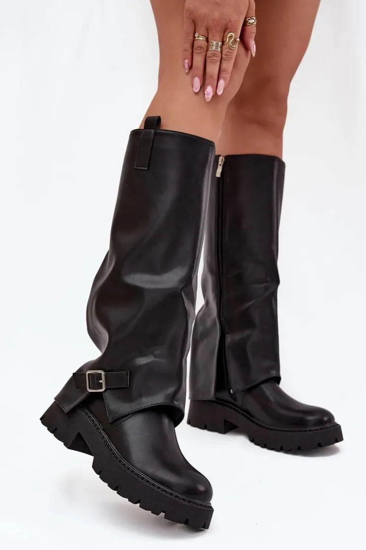 Boto Kozaki Ocieplane|Kozaki Z Wywiniętą Cholewką*Ocieplane Kozaki Z Wywiniętą Cholewką I Klamrą Czarne Fiorae