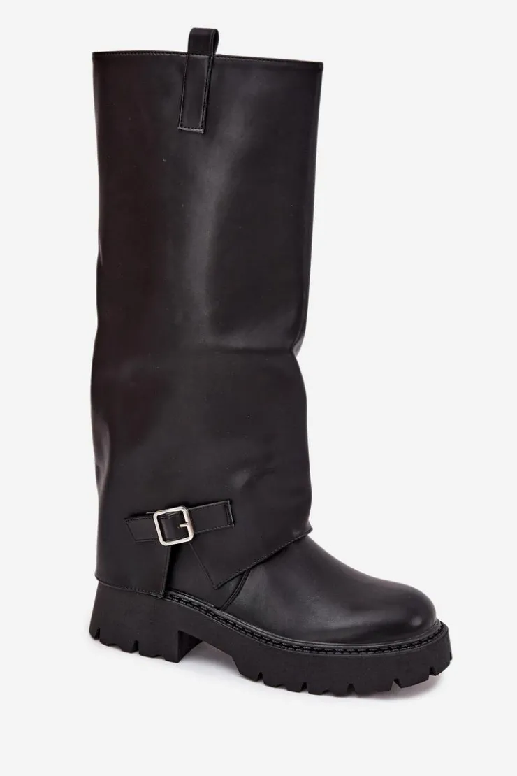 Boto Kozaki Ocieplane|Kozaki Z Wywiniętą Cholewką*Ocieplane Kozaki Z Wywiniętą Cholewką I Klamrą Czarne Fiorae