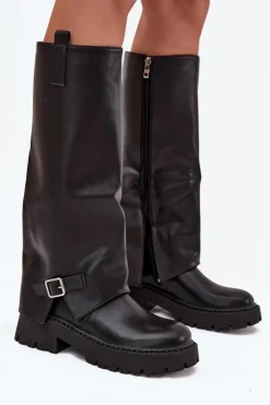 Boto Kozaki Ocieplane|Kozaki Z Wywiniętą Cholewką*Ocieplane Kozaki Z Wywiniętą Cholewką I Klamrą Czarne Fiorae