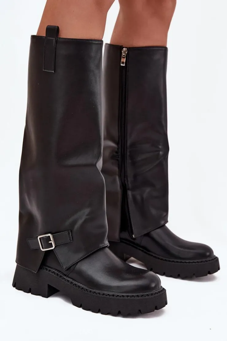 Boto Kozaki Ocieplane|Kozaki Z Wywiniętą Cholewką*Ocieplane Kozaki Z Wywiniętą Cholewką I Klamrą Czarne Fiorae