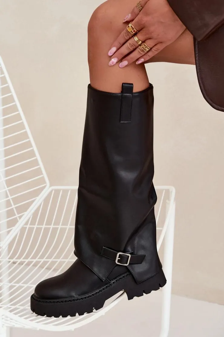 Boto Kozaki Ocieplane|Kozaki Z Wywiniętą Cholewką*Ocieplane Kozaki Z Wywiniętą Cholewką I Klamrą Czarne Fiorae