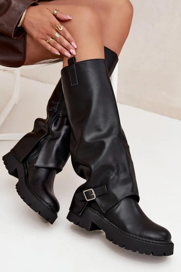 Boto Kozaki Ocieplane|Kozaki Z Wywiniętą Cholewką*Ocieplane Kozaki Z Wywiniętą Cholewką I Klamrą Czarne Fiorae