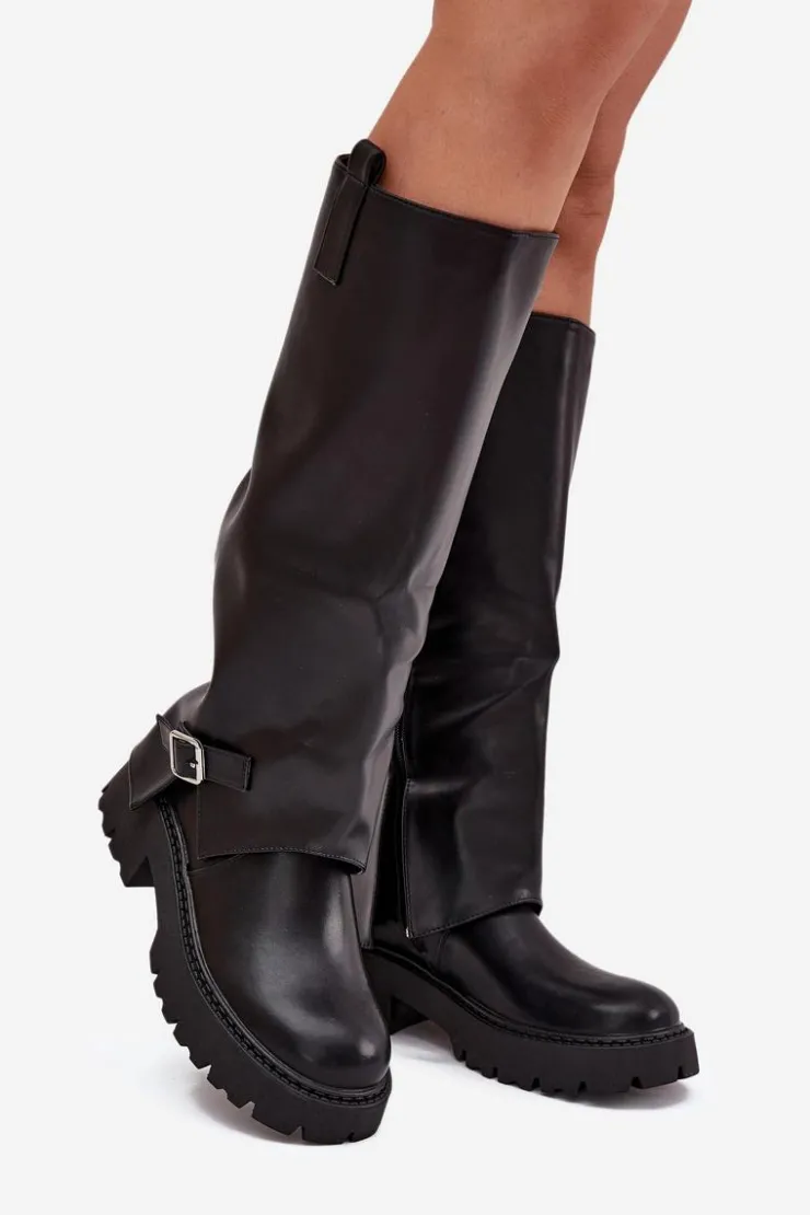 Boto Kozaki Ocieplane|Kozaki Z Wywiniętą Cholewką*Ocieplane Kozaki Z Wywiniętą Cholewką I Klamrą Czarne Fiorae