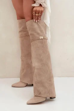 Damskie Boto Ocieplane Kozaki Z Wywiniętą Cholewką Za Kolano Obcas Słupek Beżowe Serelle