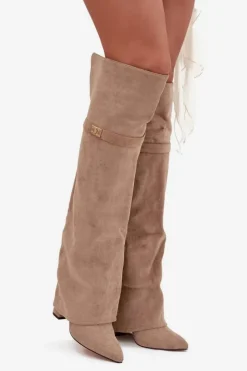 Damskie Boto Ocieplane Kozaki Z Wywiniętą Cholewką Za Kolano Obcas Słupek Beżowe Serelle