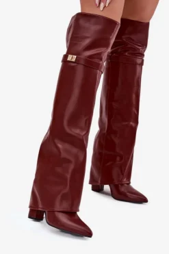 Outlet Boto Ocieplane Kozaki Z Wywiniętą Cholewką Za Kolano Obcas Słupek Bordowe Serelle