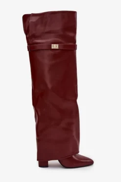 Outlet Boto Ocieplane Kozaki Z Wywiniętą Cholewką Za Kolano Obcas Słupek Bordowe Serelle