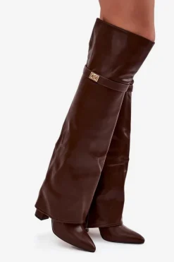 Damskie Boto Ocieplane Kozaki Z Wywiniętą Cholewką Za Kolano Obcas Słupek Brązowe Serelle