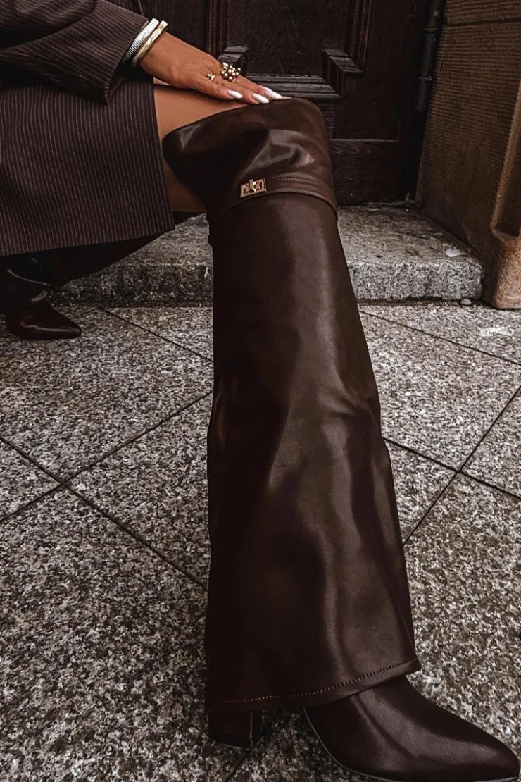 Damskie Boto Ocieplane Kozaki Z Wywiniętą Cholewką Za Kolano Obcas Słupek Brązowe Serelle