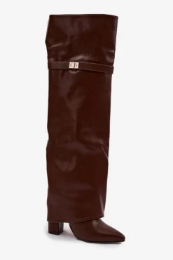 Damskie Boto Ocieplane Kozaki Z Wywiniętą Cholewką Za Kolano Obcas Słupek Brązowe Serelle