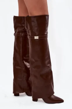 Damskie Boto Ocieplane Kozaki Z Wywiniętą Cholewką Za Kolano Obcas Słupek Brązowe Serelle