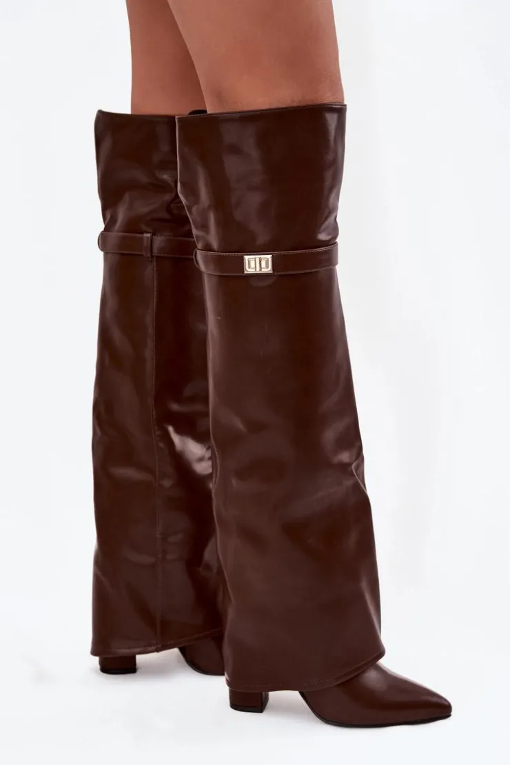 Damskie Boto Ocieplane Kozaki Z Wywiniętą Cholewką Za Kolano Obcas Słupek Brązowe Serelle