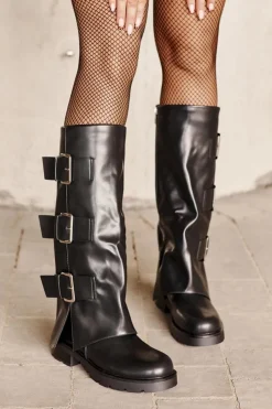 Online Boto Ocieplane Kozaki Z Wywiniętą Cholewką I Klamrami Czarne Cialetta