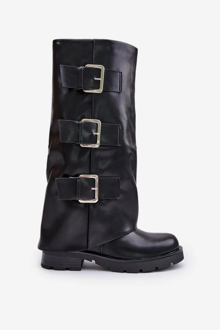 Online Boto Ocieplane Kozaki Z Wywiniętą Cholewką I Klamrami Czarne Cialetta