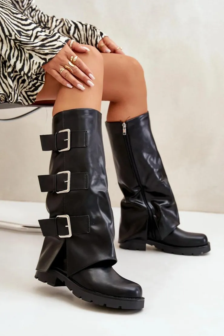 Online Boto Ocieplane Kozaki Z Wywiniętą Cholewką I Klamrami Czarne Cialetta