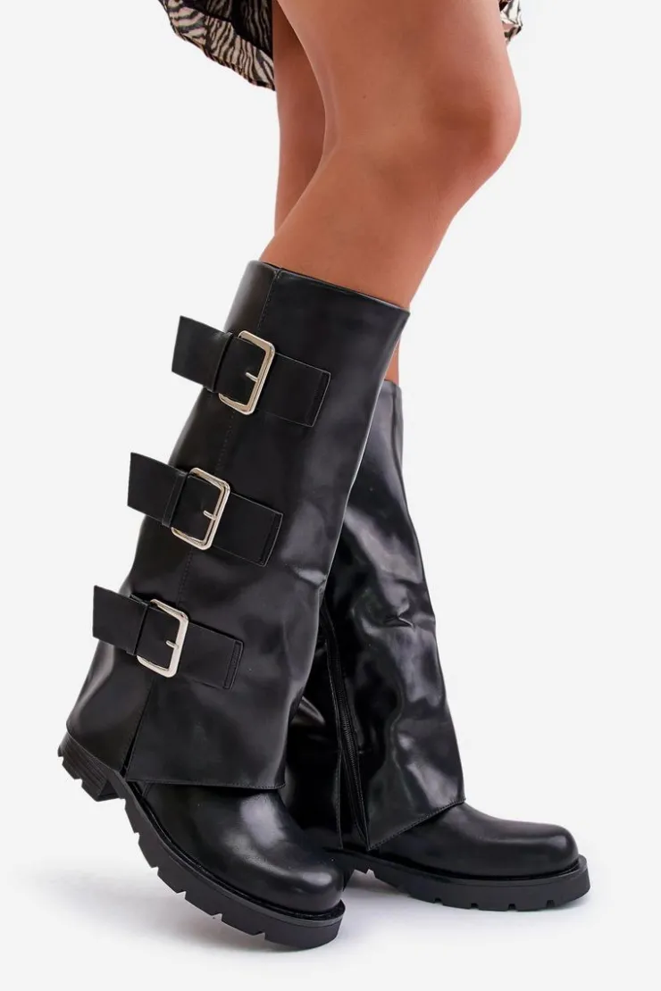 Online Boto Ocieplane Kozaki Z Wywiniętą Cholewką I Klamrami Czarne Cialetta