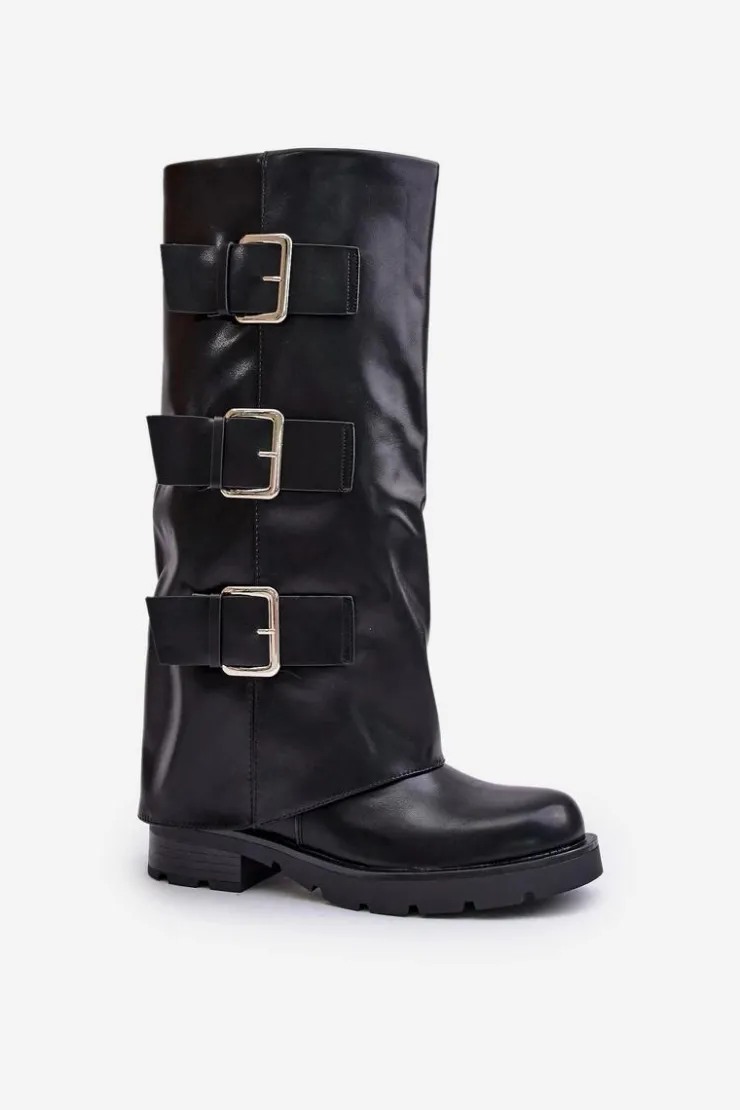 Online Boto Ocieplane Kozaki Z Wywiniętą Cholewką I Klamrami Czarne Cialetta