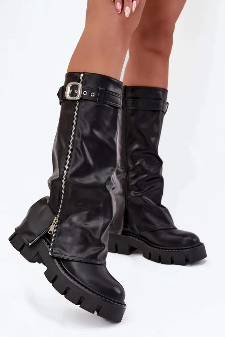 Boto Kozaki Ocieplane|Kozaki Z Wywiniętą Cholewką*Ocieplane Kozaki Z Wywiniętą Cholewką Klamrą I Srebrnym Zamkiem Czarne Armena