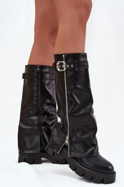 Boto Kozaki Ocieplane|Kozaki Z Wywiniętą Cholewką*Ocieplane Kozaki Z Wywiniętą Cholewką Klamrą I Srebrnym Zamkiem Czarne Armena