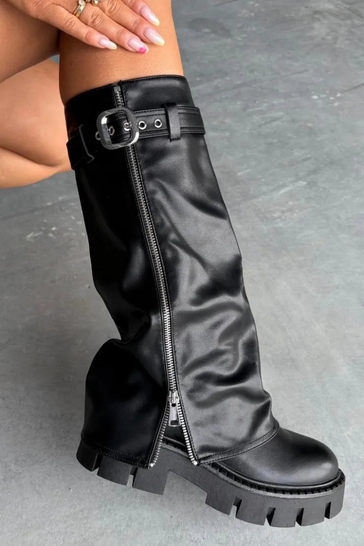 Boto Kozaki Ocieplane|Kozaki Z Wywiniętą Cholewką*Ocieplane Kozaki Z Wywiniętą Cholewką Klamrą I Srebrnym Zamkiem Czarne Armena