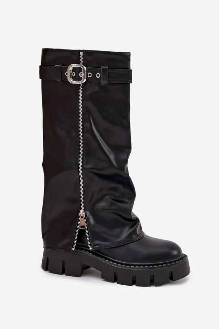 Boto Kozaki Ocieplane|Kozaki Z Wywiniętą Cholewką*Ocieplane Kozaki Z Wywiniętą Cholewką Klamrą I Srebrnym Zamkiem Czarne Armena