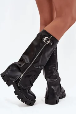 Boto Kozaki Ocieplane|Kozaki Z Wywiniętą Cholewką*Ocieplane Kozaki Z Wywiniętą Cholewką Klamrą I Srebrnym Zamkiem Czarne Armena