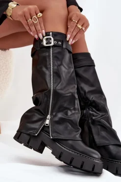 Boto Kozaki Ocieplane|Kozaki Z Wywiniętą Cholewką*Ocieplane Kozaki Z Wywiniętą Cholewką Klamrą I Srebrnym Zamkiem Czarne Armena