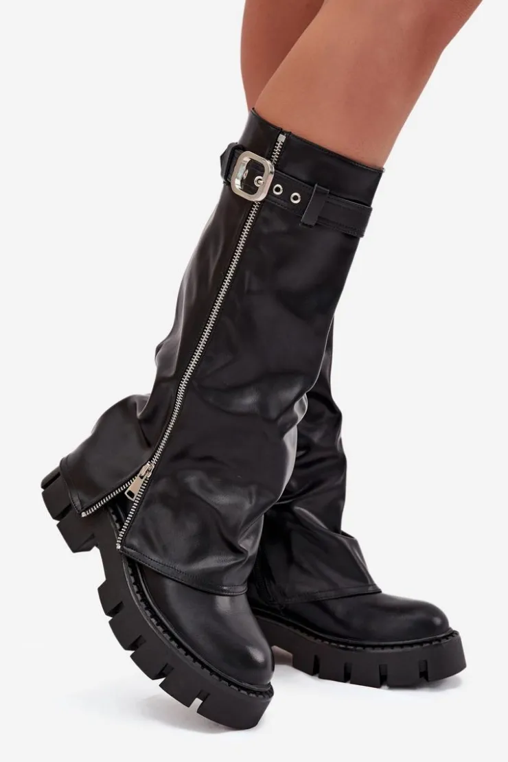 Boto Kozaki Ocieplane|Kozaki Z Wywiniętą Cholewką*Ocieplane Kozaki Z Wywiniętą Cholewką Klamrą I Srebrnym Zamkiem Czarne Armena