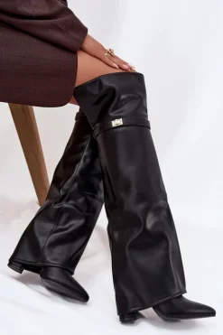 Online Boto Ocieplane Kozaki Z Wywiniętą Cholewką Za Kolano Obcas Słupek Czarne Serelle Czarny