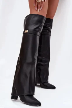 Online Boto Ocieplane Kozaki Z Wywiniętą Cholewką Za Kolano Obcas Słupek Czarne Serelle Czarny