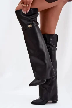 Online Boto Ocieplane Kozaki Z Wywiniętą Cholewką Za Kolano Obcas Słupek Czarne Serelle Czarny
