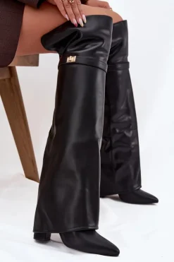 Online Boto Ocieplane Kozaki Z Wywiniętą Cholewką Za Kolano Obcas Słupek Czarne Serelle Czarny