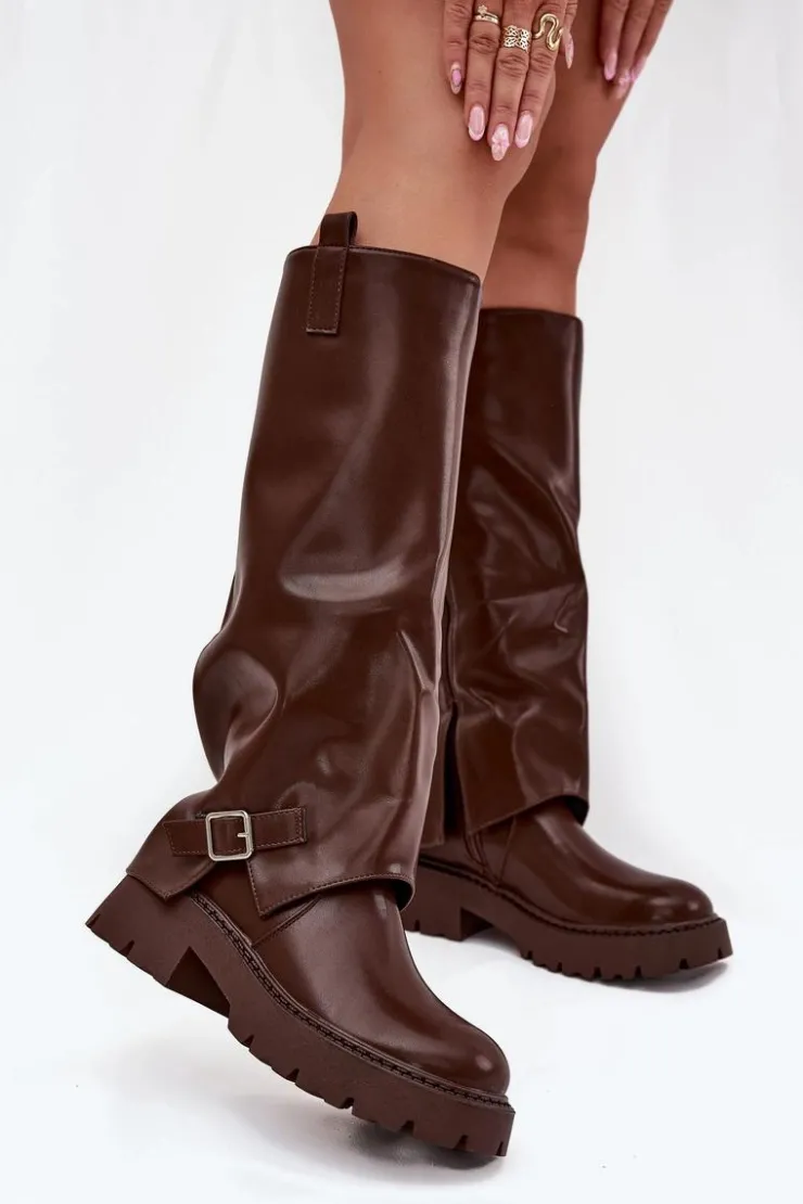 Boto Kozaki Ocieplane|Kozaki Z Wywiniętą Cholewką*Ocieplane Kozaki Z Wywiniętą Cholewką I Klamrą Czekoladowe Fiorae Brązowy