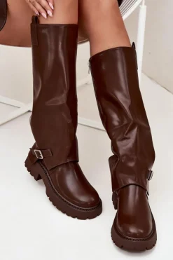 Boto Kozaki Ocieplane|Kozaki Z Wywiniętą Cholewką*Ocieplane Kozaki Z Wywiniętą Cholewką I Klamrą Czekoladowe Fiorae Brązowy