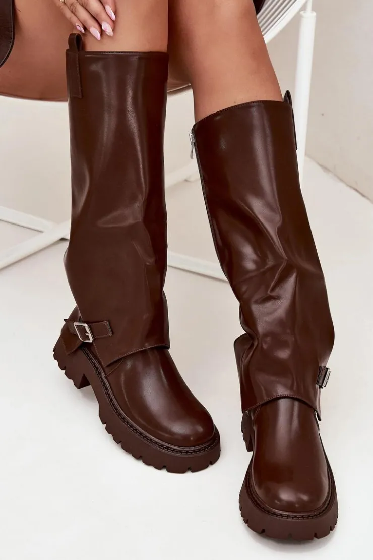 Boto Kozaki Ocieplane|Kozaki Z Wywiniętą Cholewką*Ocieplane Kozaki Z Wywiniętą Cholewką I Klamrą Czekoladowe Fiorae Brązowy