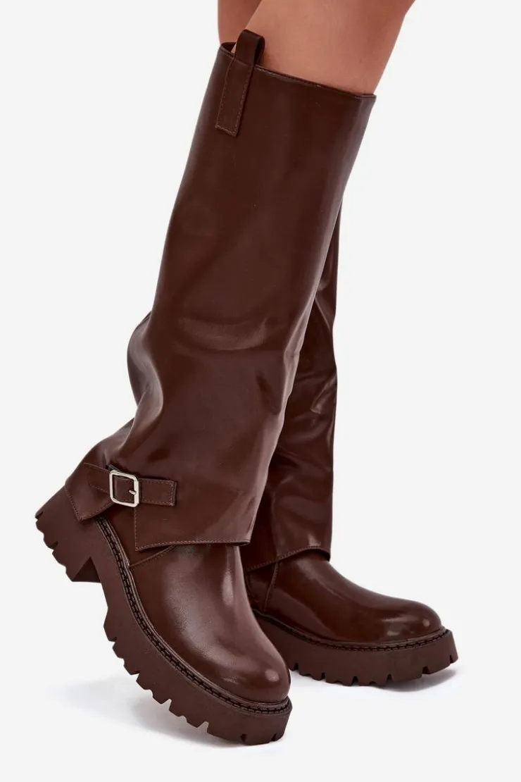 Boto Kozaki Ocieplane|Kozaki Z Wywiniętą Cholewką*Ocieplane Kozaki Z Wywiniętą Cholewką I Klamrą Czekoladowe Fiorae Brązowy