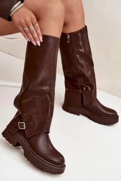 Boto Kozaki Ocieplane|Kozaki Z Wywiniętą Cholewką*Ocieplane Kozaki Z Wywiniętą Cholewką I Klamrą Czekoladowe Fiorae Brązowy