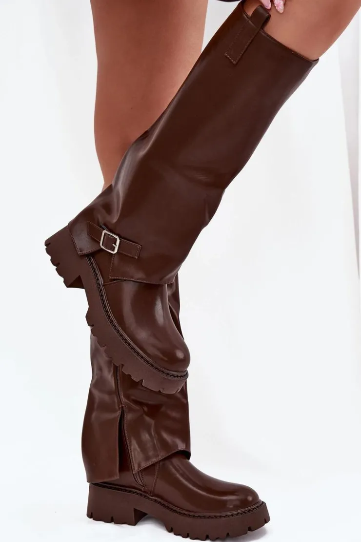 Boto Kozaki Ocieplane|Kozaki Z Wywiniętą Cholewką*Ocieplane Kozaki Z Wywiniętą Cholewką I Klamrą Czekoladowe Fiorae Brązowy