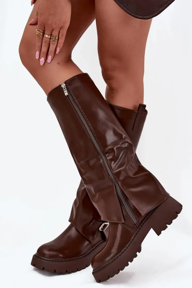 Boto Kozaki Ocieplane|Kozaki Z Wywiniętą Cholewką*Ocieplane Kozaki Z Wywiniętą Cholewką I Klamrą Czekoladowe Fiorae Brązowy