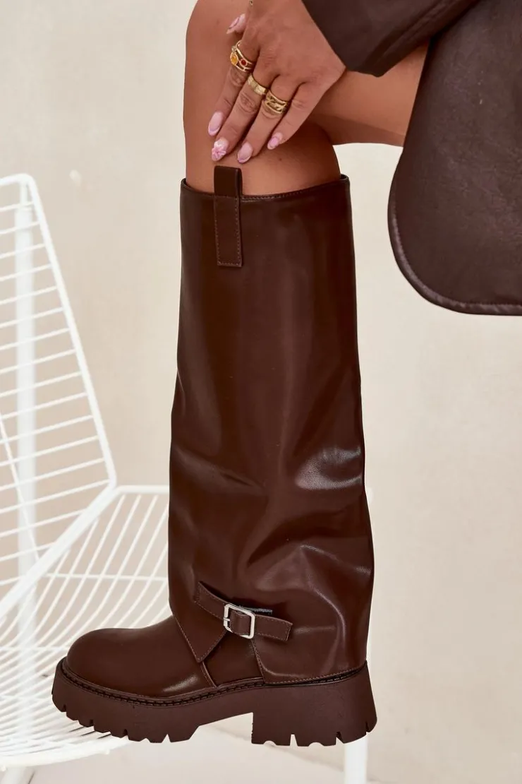 Boto Kozaki Ocieplane|Kozaki Z Wywiniętą Cholewką*Ocieplane Kozaki Z Wywiniętą Cholewką I Klamrą Czekoladowe Fiorae Brązowy