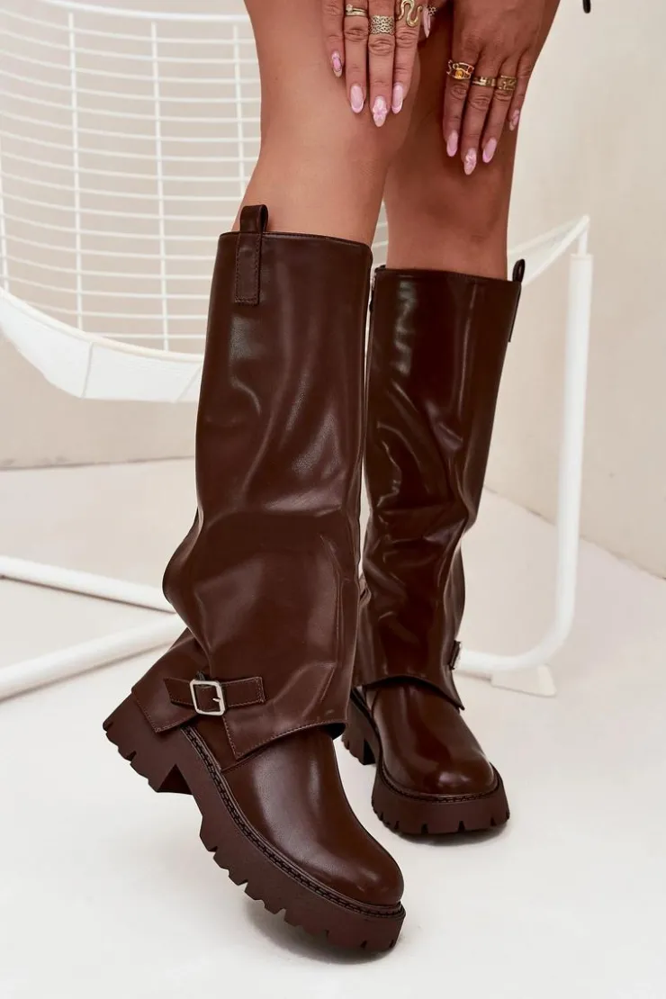 Boto Kozaki Ocieplane|Kozaki Z Wywiniętą Cholewką*Ocieplane Kozaki Z Wywiniętą Cholewką I Klamrą Czekoladowe Fiorae Brązowy