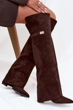 Boto Kozaki Ocieplane|Muszkieterki*Ocieplane Kozaki Z Wywiniętą Cholewką Za Kolano Obcas Słupek Czekoladowe Serelle Brązowy