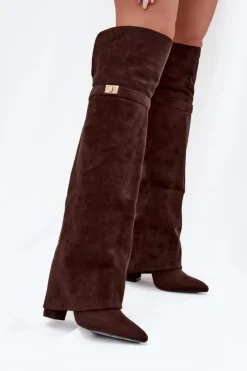 Boto Kozaki Ocieplane|Muszkieterki*Ocieplane Kozaki Z Wywiniętą Cholewką Za Kolano Obcas Słupek Czekoladowe Serelle Brązowy