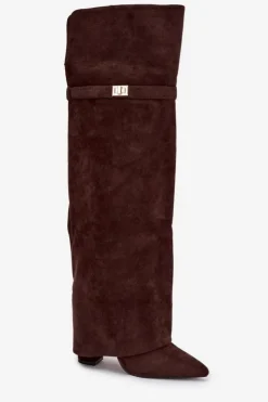 Boto Kozaki Ocieplane|Muszkieterki*Ocieplane Kozaki Z Wywiniętą Cholewką Za Kolano Obcas Słupek Czekoladowe Serelle Brązowy