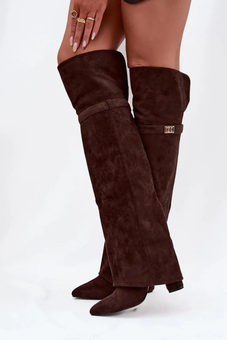 Boto Kozaki Ocieplane|Muszkieterki*Ocieplane Kozaki Z Wywiniętą Cholewką Za Kolano Obcas Słupek Czekoladowe Serelle Brązowy